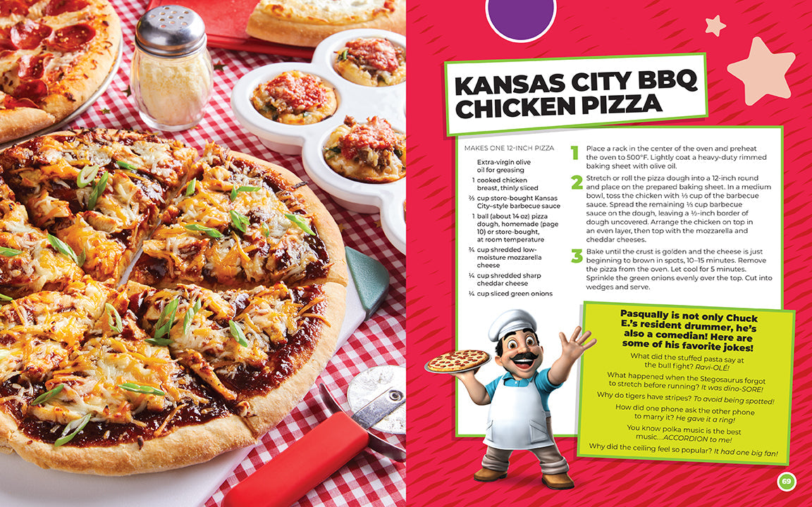 Hardcover Chuck E. Cheese and Friends Party Cookbook by Insight Editions featuring colorful food illustrations and fun party recipes.