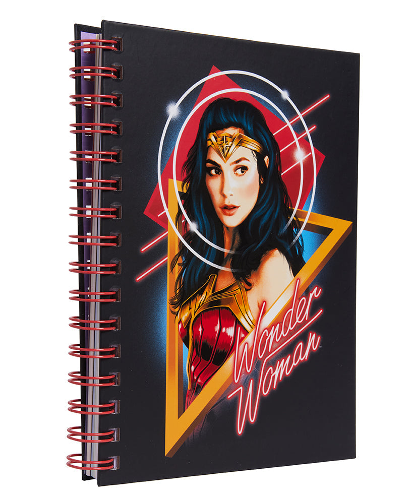 Hardcover Wonder Woman 1984 spiral notebook featuring DC Comics branding with iconic superhero artwork.