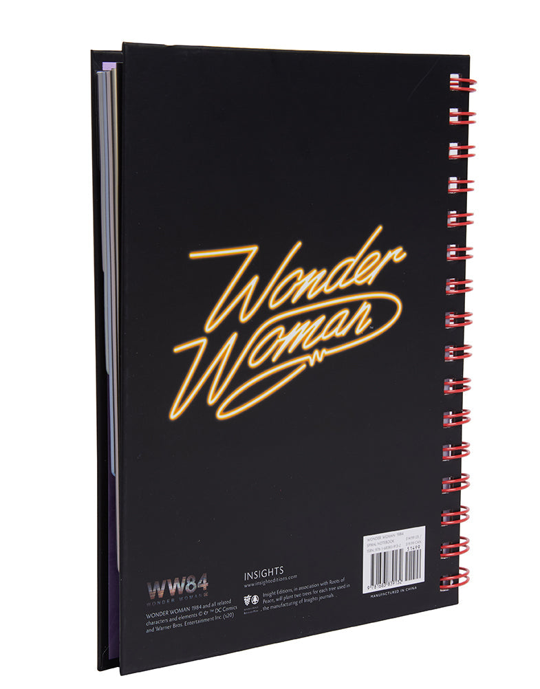 Hardcover Wonder Woman 1984 spiral notebook by Insight Editions featuring DC Comics logo and colorful superhero artwork.