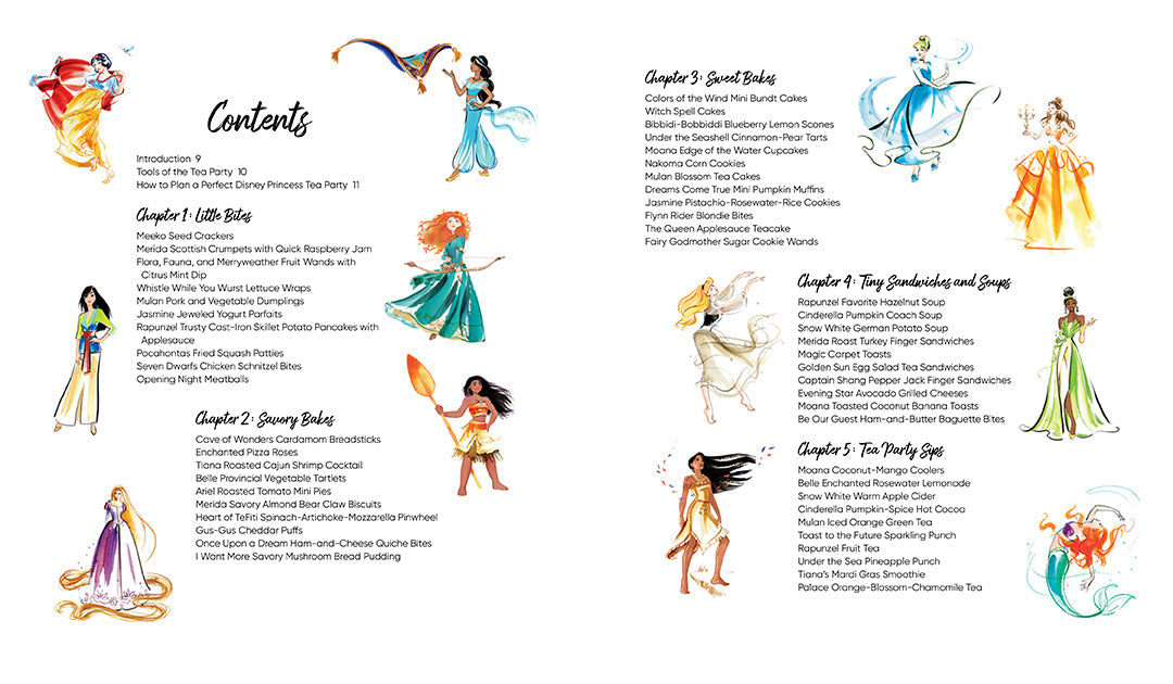 Hardcover Disney Princess Tea Parties Cookbook by Insight Editions showing colorful princess-themed cover and tea party illustrations.