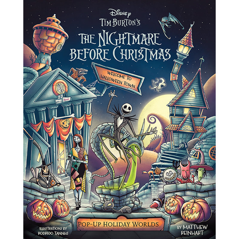 Hardcover book titled Disney Tim Burton's The Nightmare Before Christmas: Pop-Up Holiday Worlds by Insight Editions featuring festive holiday scenes.