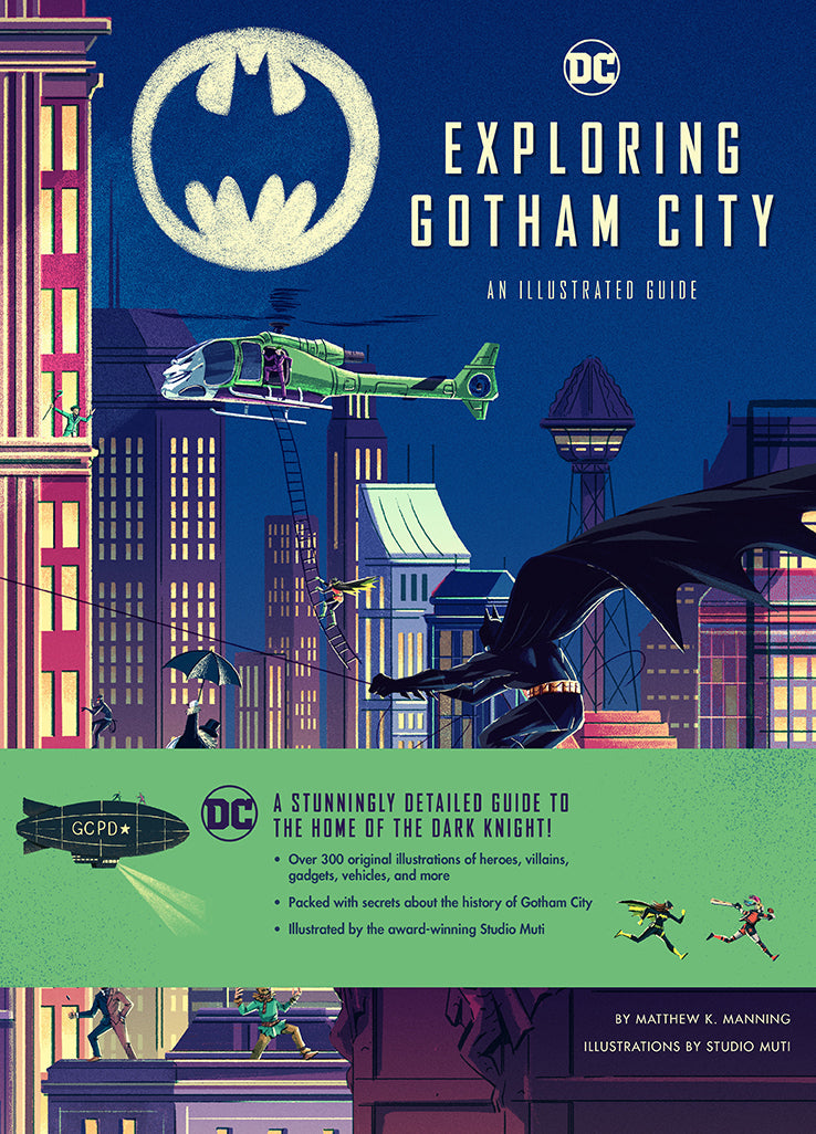 Hardcover book titled "Exploring Gotham City" by Insight Editions, featuring detailed illustrations of Gotham's iconic locations.