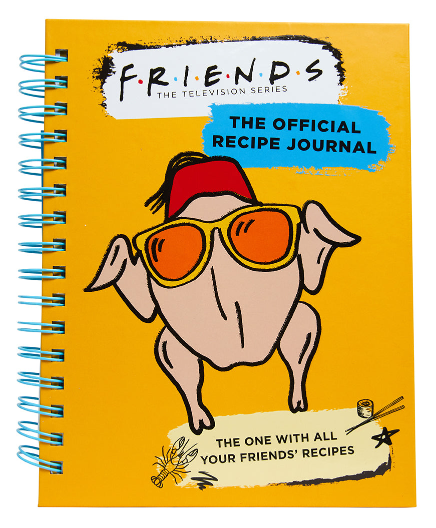 Hardcover "Friends: The Official Recipe Journal" by Insight Editions, featuring a cozy design with recipe pages and themed artwork.