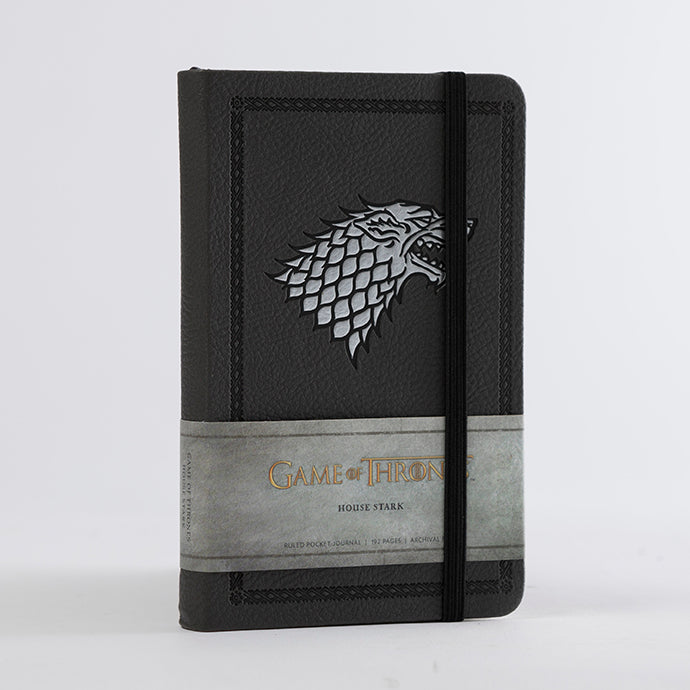 Hardcover Game of Thrones House Stark Ruled Pocket Journal by Insight Editions, featuring Stark sigil and medieval-inspired design.