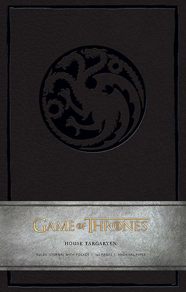 Large hardcover Game of Thrones House Targaryen journal by Insight Editions with ruled pages and Targaryen emblem on cover.