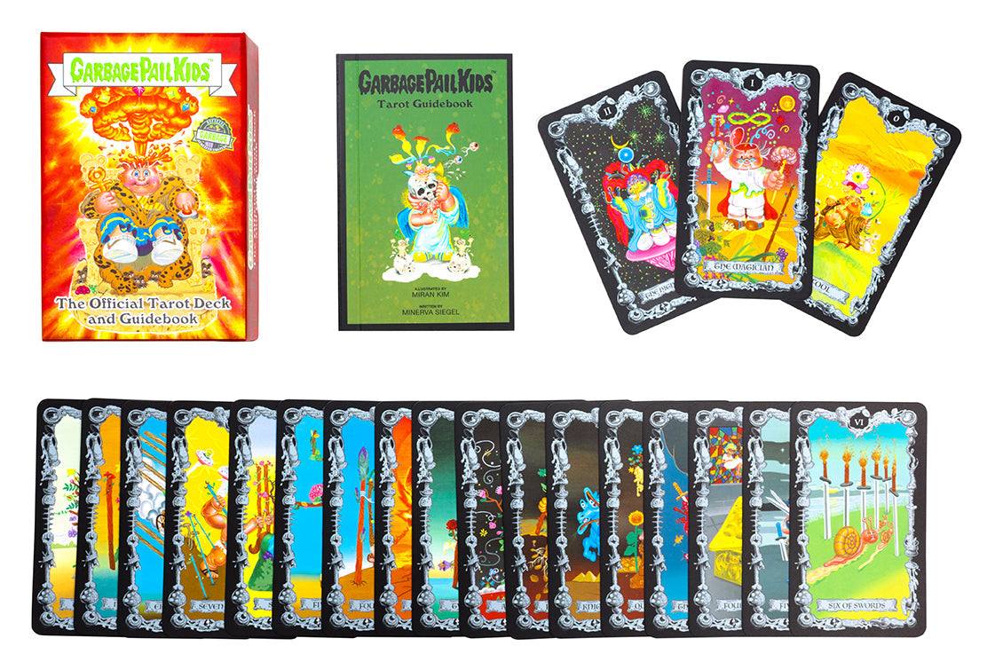 Hardcover Garbage Pail Kids Tarot Deck and Guidebook by Insight Editions, featuring colorful illustrated tarot cards and guidebook pages.