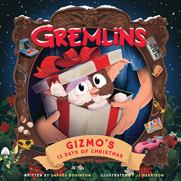 Hardcover copy of Gremlins: Gizmo's 12 Days of Christmas by Insight Editions, featuring festive Gizmo illustration on the cover.