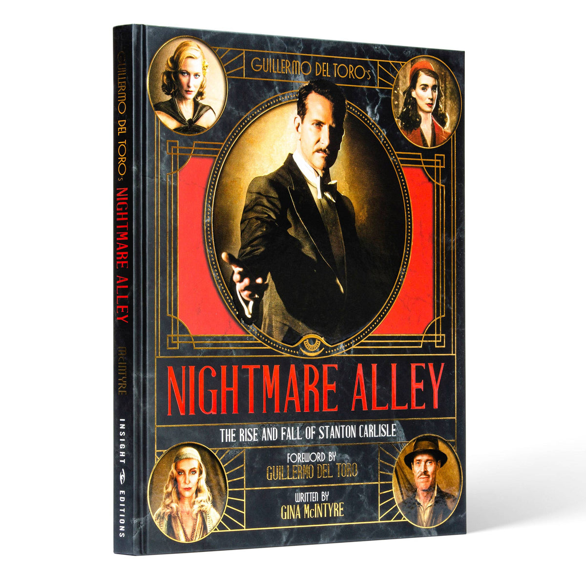 Hardcover book titled Guillermo del Toro's Nightmare Alley by Insight Editions, featuring a dark, cinematic cover design.