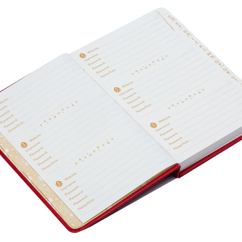 Interior page of the Harry Potter Alohomora Password Book hardcover by Insight Editions, featuring magical-themed password entries and illustrations.
