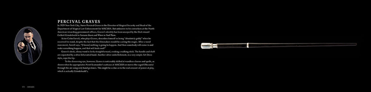 Interior of hardcover Harry Potter and Fantastic Beasts wand collection book by Insight Editions showing detailed pages and illustrations.