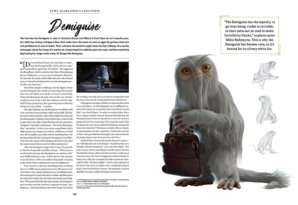 Open hardcover book "Harry Potter: Creatures of the Wizarding World" by Insight Editions, showing detailed interior illustrations.