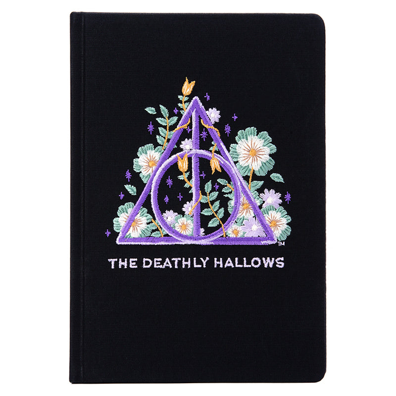 Hardcover Harry Potter Deathly Hallows embroidered journal with detailed stitching and magical design by Insight Editions.
