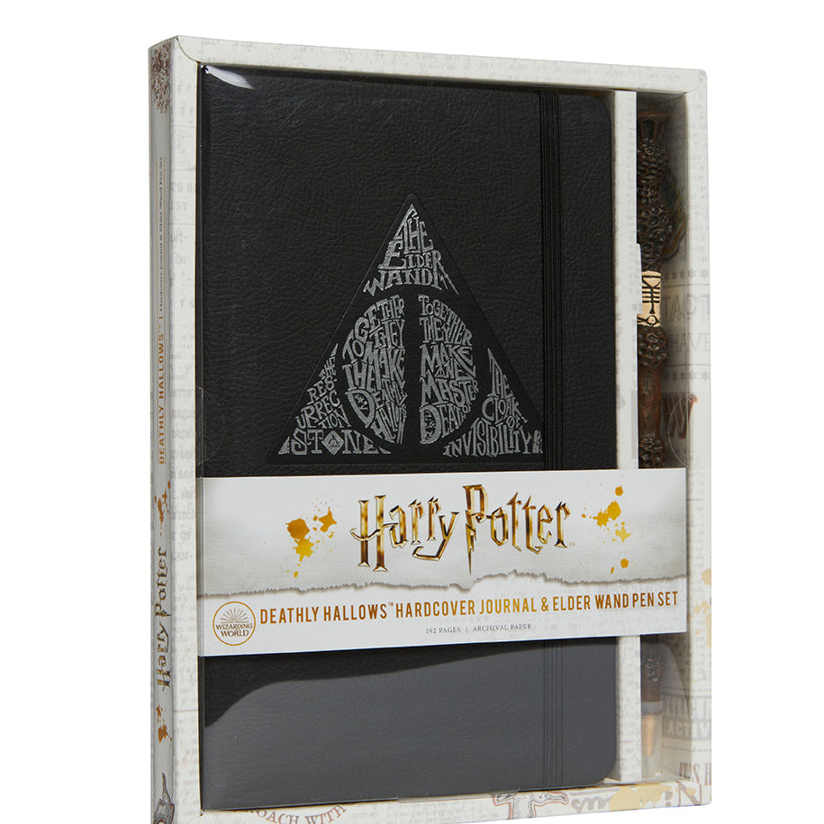 Harry Potter Deathly Hallows hardcover journal with Elder Wand pen set from Insight Editions, featuring magical-themed cover design.
