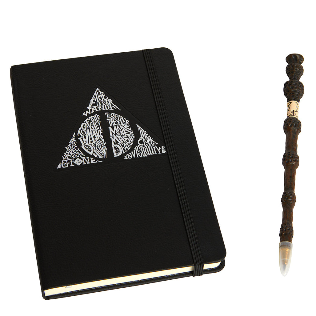 Harry Potter Deathly Hallows hardcover journal with Elder Wand pen set from Insight Editions, featuring magical-themed design and motifs.