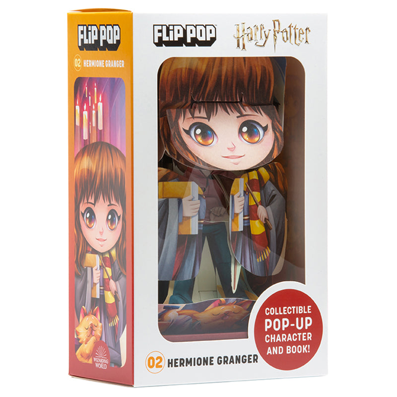 Hardcover Harry Potter Flip Pop featuring Hermione Granger from Insight Editions, with vibrant illustrations of Hermione in her Hogwarts uniform.