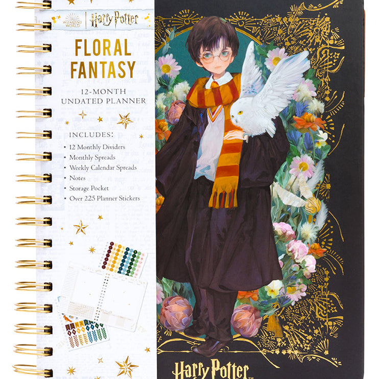Hardcover Harry Potter Floral Fantasy 12-Month Undated Planner by Insight Editions with magical floral cover design