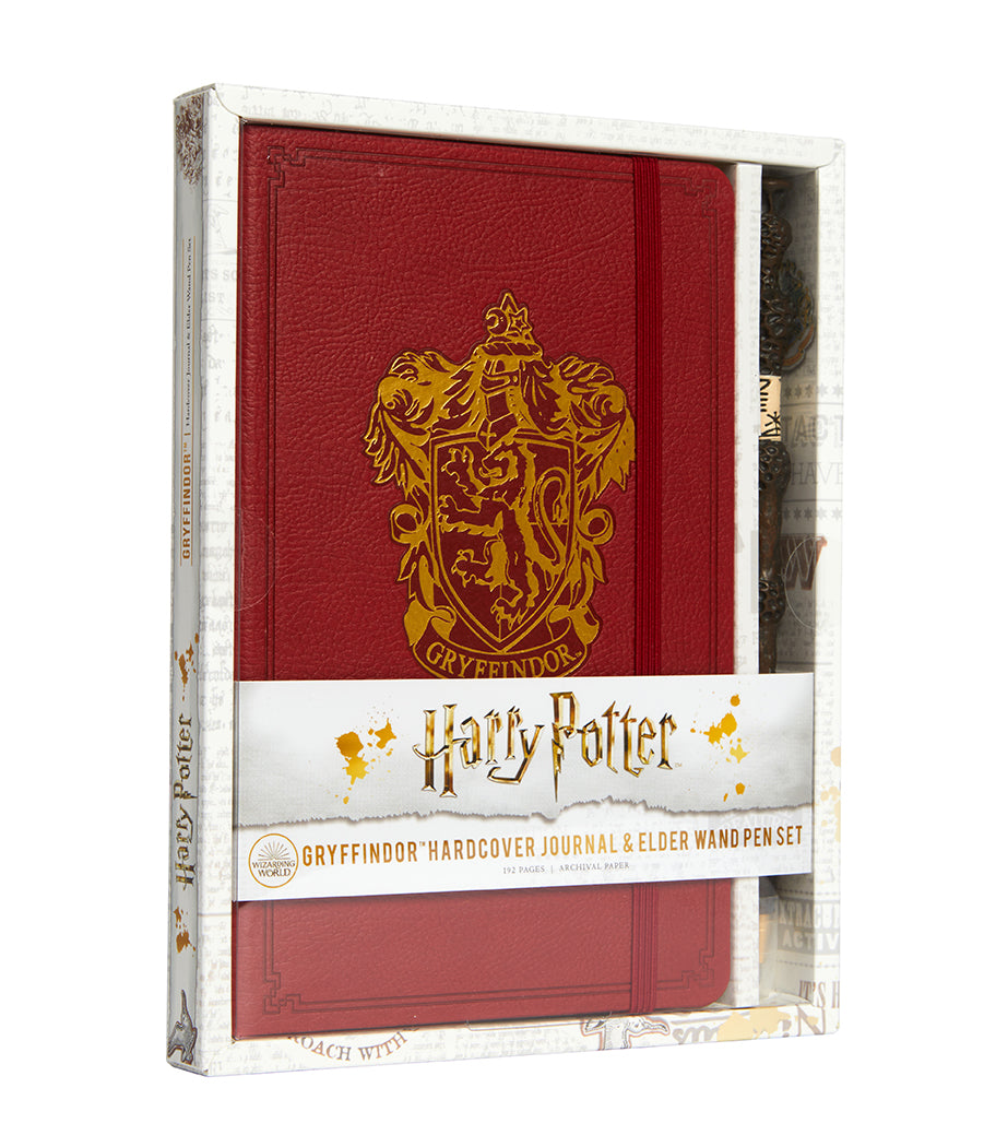 Gryffindor hardcover journal and Elder Wand pen set featuring Harry Potter branding and magical design elements.