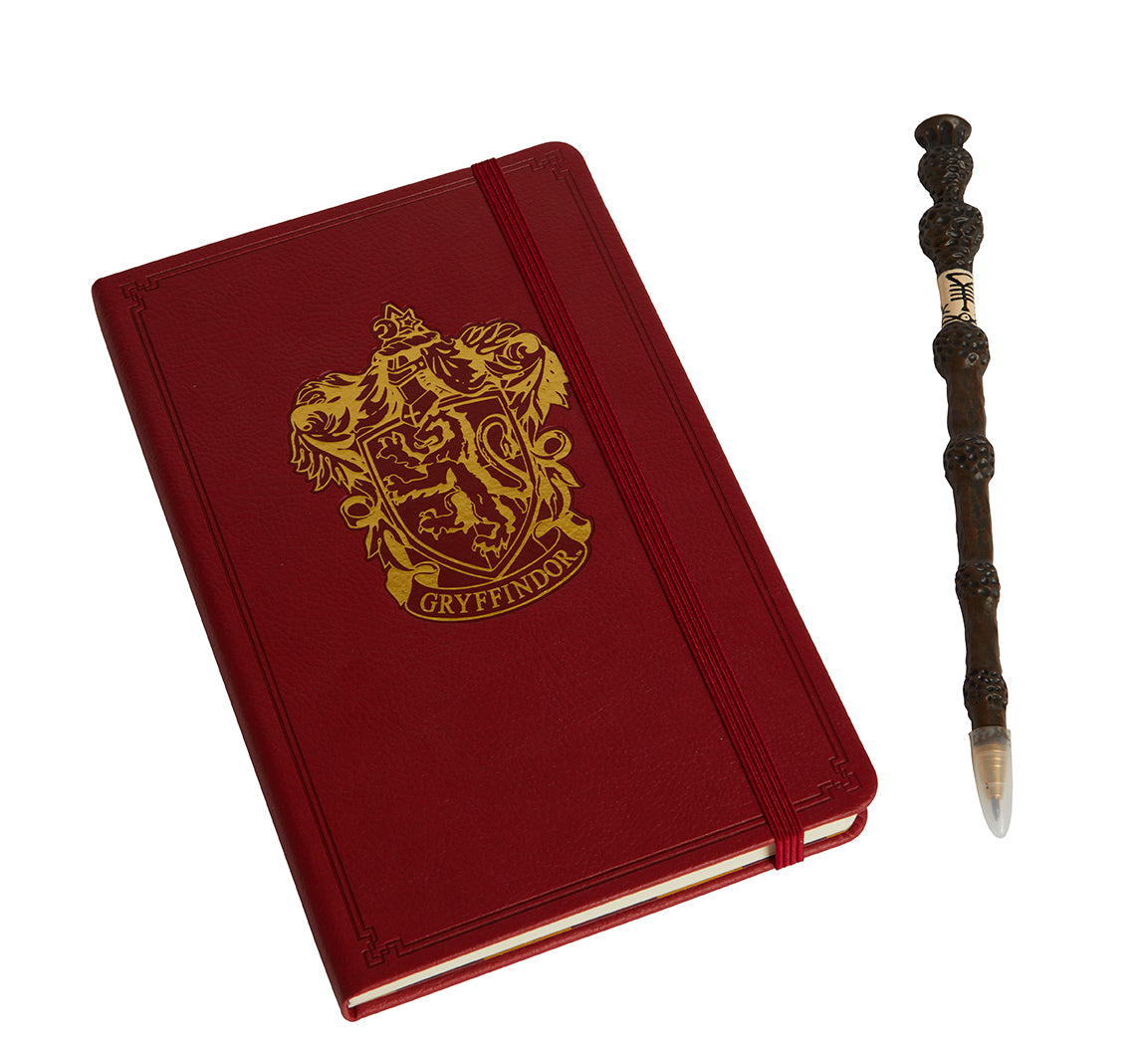Gryffindor hardcover journal with gold embossed crest and Elder Wand pen set from Harry Potter by Insight Editions.