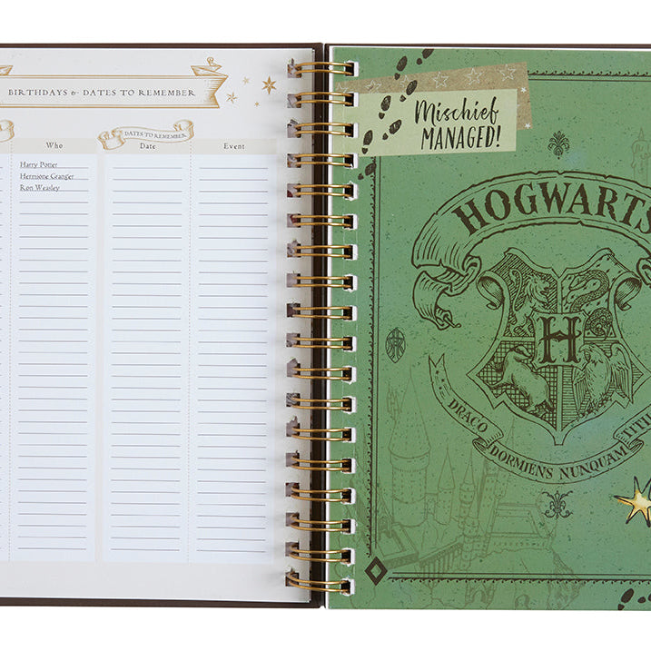 Harry Potter Hogwarts hardcover 12-month undated planner with magical design, by Insight Editions, featuring iconic Hogwarts imagery.