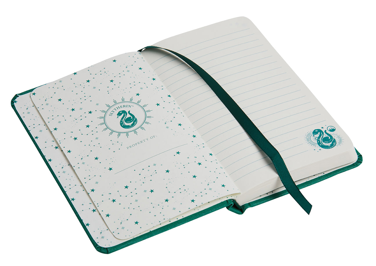 Hardcover Harry Potter Slytherin Constellation ruled pocket journal with green cover and Slytherin emblem from Insight Editions.