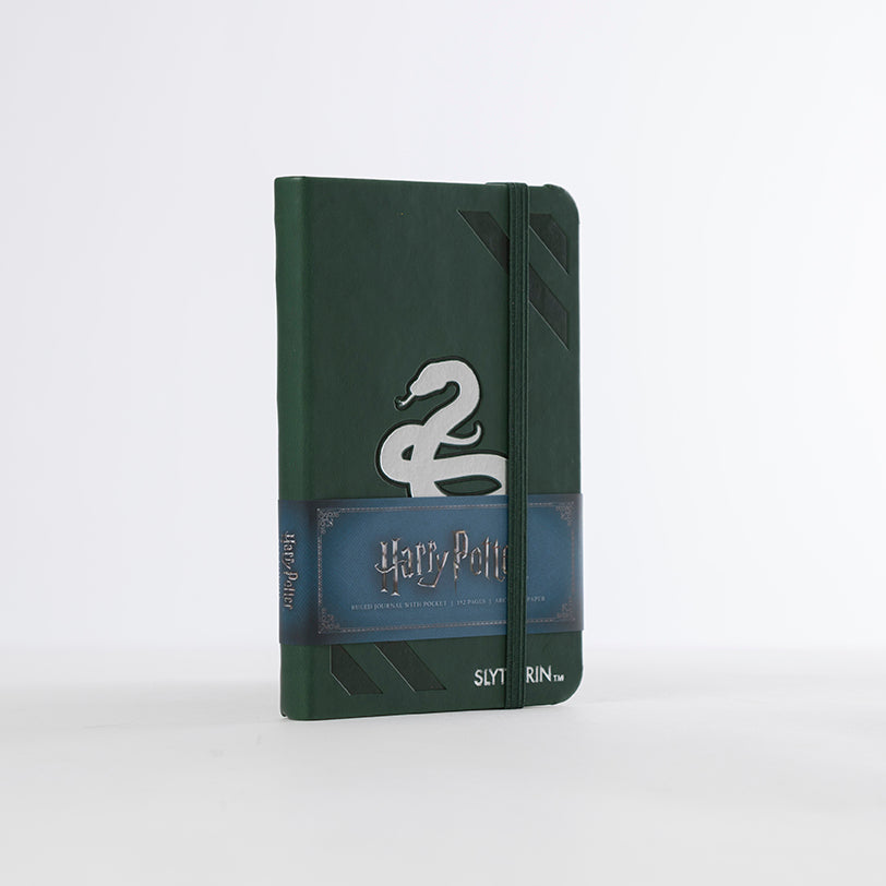 Hardcover Harry Potter Slytherin ruled pocket journal by Insight Editions with green cover and Slytherin emblem.