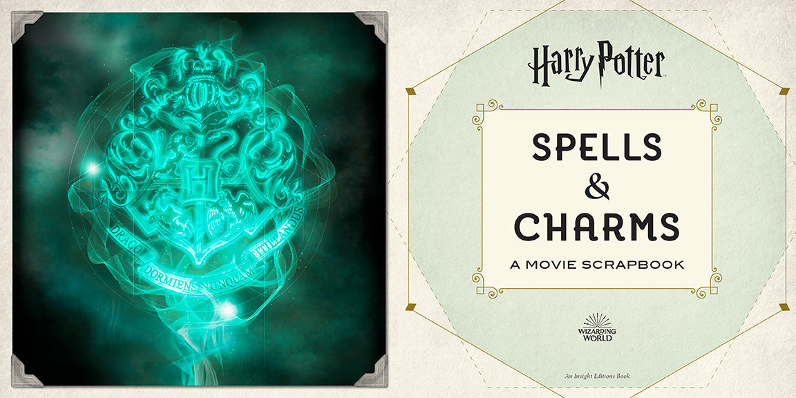 Hardcover Harry Potter: Spells and Charms movie scrapbook by Insight Editions, featuring magical spell illustrations and charms.