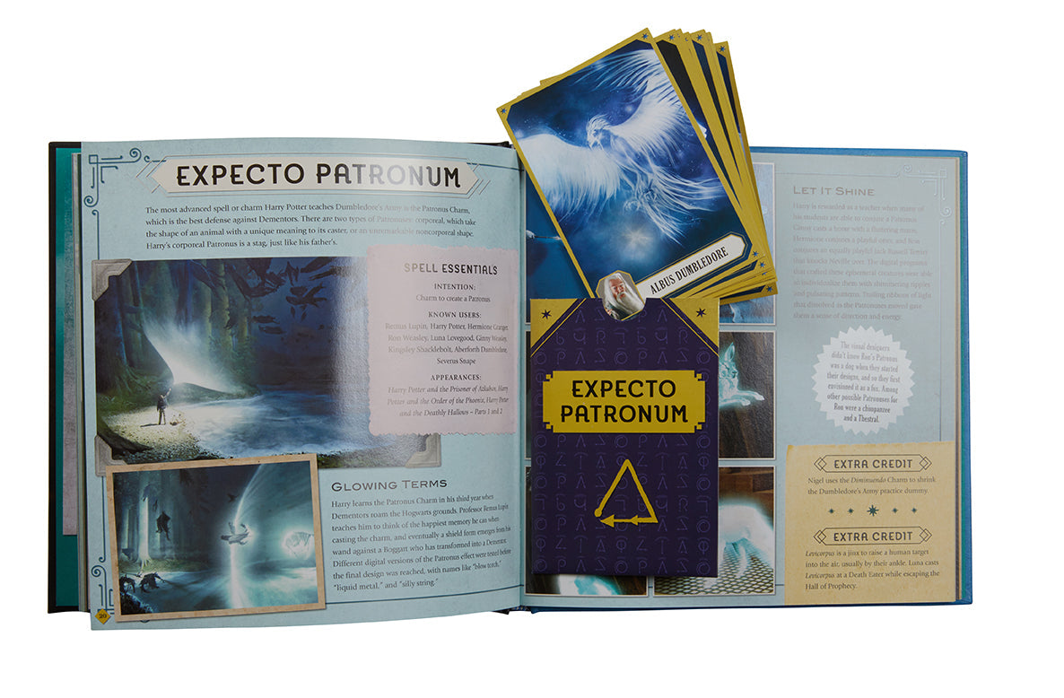 Hardcover Harry Potter: Spells and Charms movie scrapbook by Insight Editions, featuring pages with magical spell illustrations and charms.