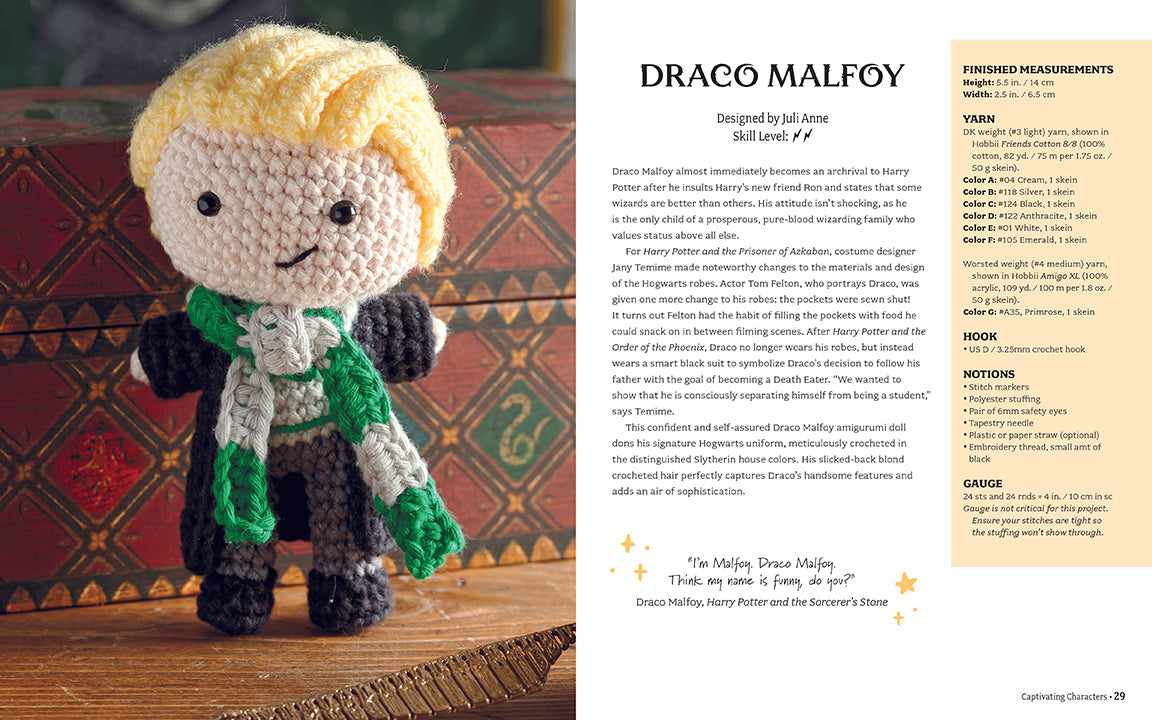 Hardcover book titled "Harry Potter: The Official Book of Crochet Amigurumi" by Insight Editions with Harry Potter-themed crochet patterns.