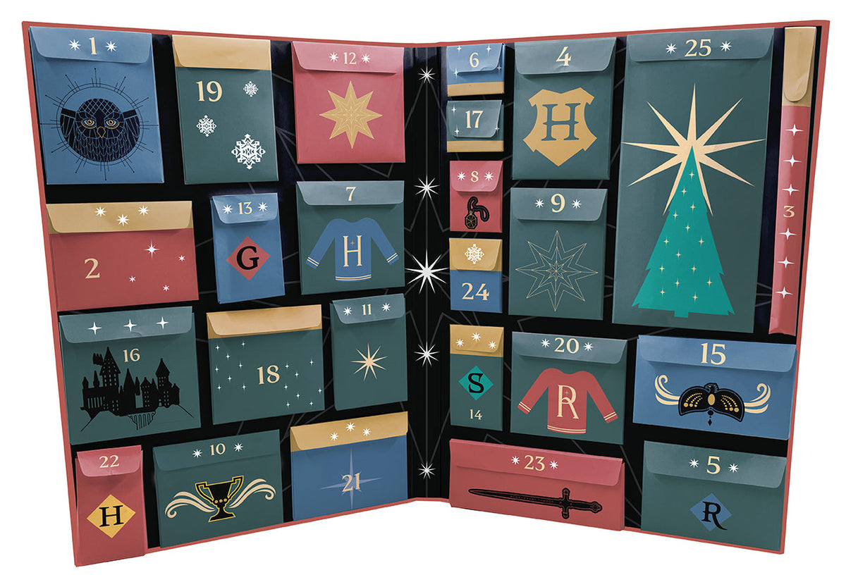 Interior view of the hardcover Harry Potter: The Official Seasonal Surprises Advent Calendar by Insight Editions, featuring magical surprises inside.