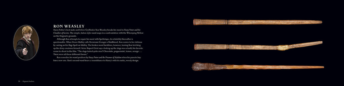 Interior of Harry Potter hardcover Wand Collection book by Insight Editions, showing detailed illustrations and pages.