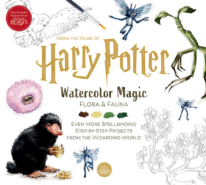 Hardcover Harry Potter watercolor art book titled "Watercolor Magic: Flora & Fauna" by Insight Editions, featuring magical botanical illustrations.