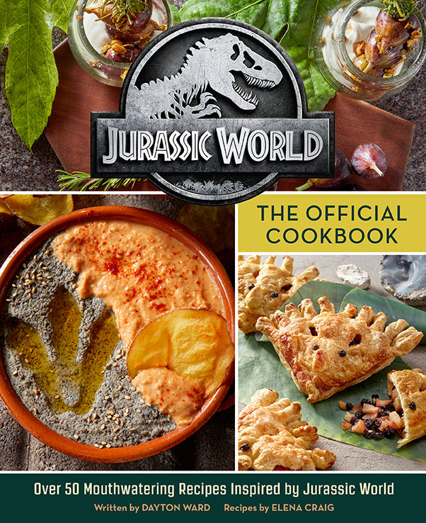 Hardcover of Jurassic World: The Official Cookbook by Insight Editions featuring colorful dinosaur-themed recipe pages.
