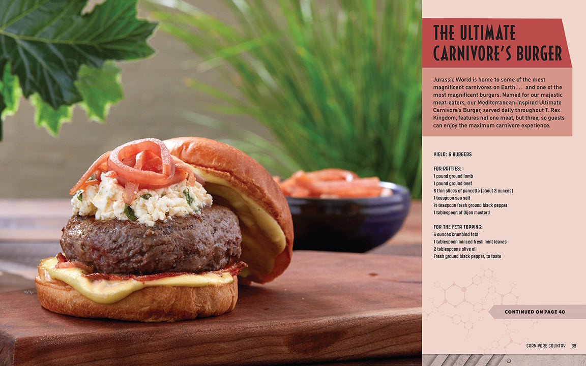 Hardcover of Jurassic World: The Official Cookbook by Insight Editions, featuring colorful dinosaur-themed pages and recipe illustrations.