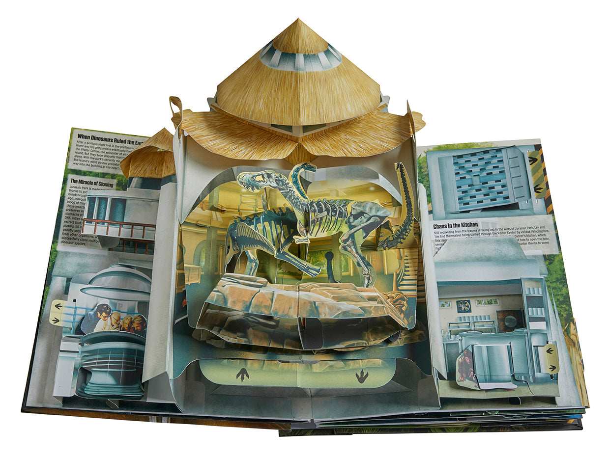 Hardcover Jurassic World: The Ultimate Pop-Up Book by Insight Editions showing colorful dinosaur pop-ups and detailed pages inside.