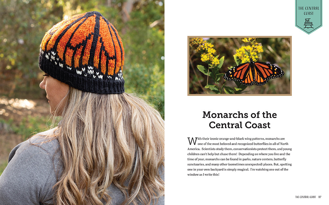 Hardcover book titled Knitting California by Insight Editions, featuring colorful knitting patterns and scenic California imagery.