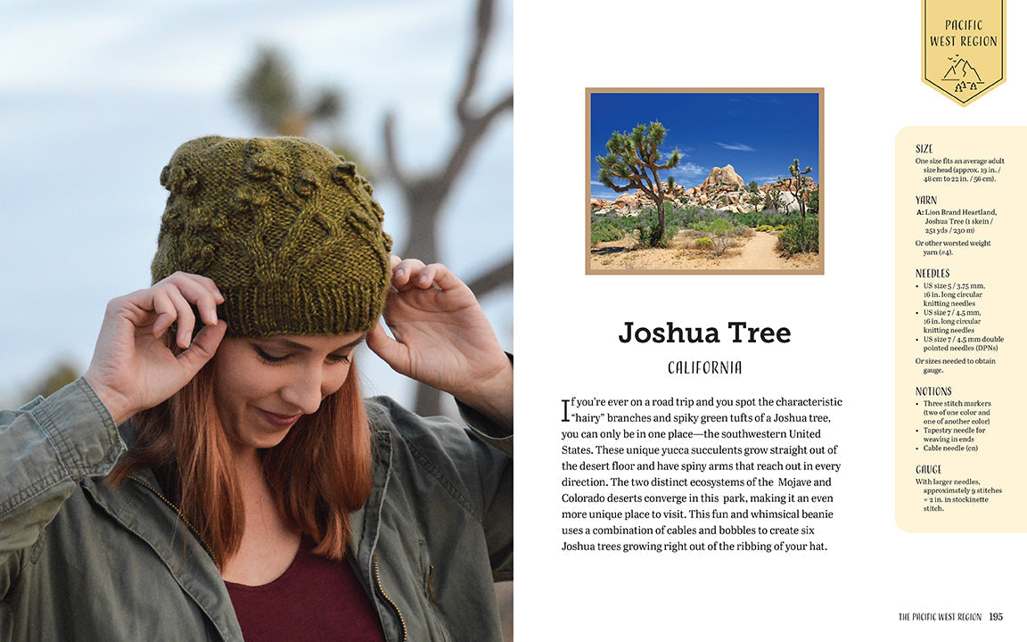 Hardcover book titled "Knitting the National Parks" by Insight Editions, featuring detailed illustrations of national park scenes.