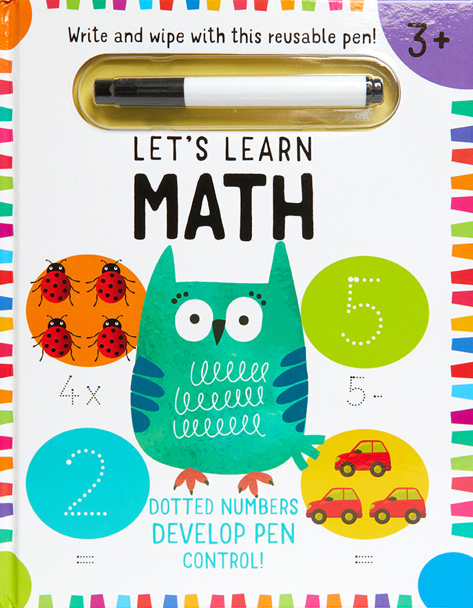 Hardcover "Let's Learn: First Math Skills" workbook by Insight Editions with write and wipe pages for early math practice.