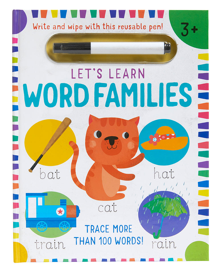 Hardcover "Let's Learn: Word Families" Write and Wipe educational book by Insight Editions with colorful illustrations.