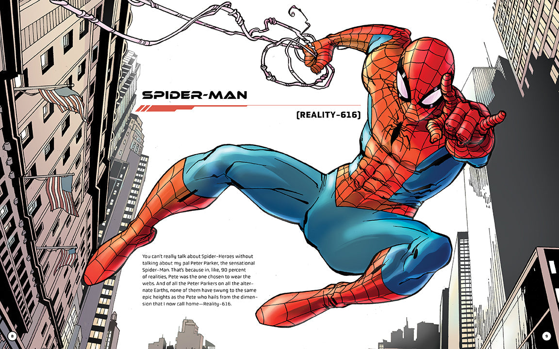 Hardcover Marvel: Illustrated Guide to the Spider-Verse by Insight Editions, featuring colorful Spider-Man artwork and character illustrations.