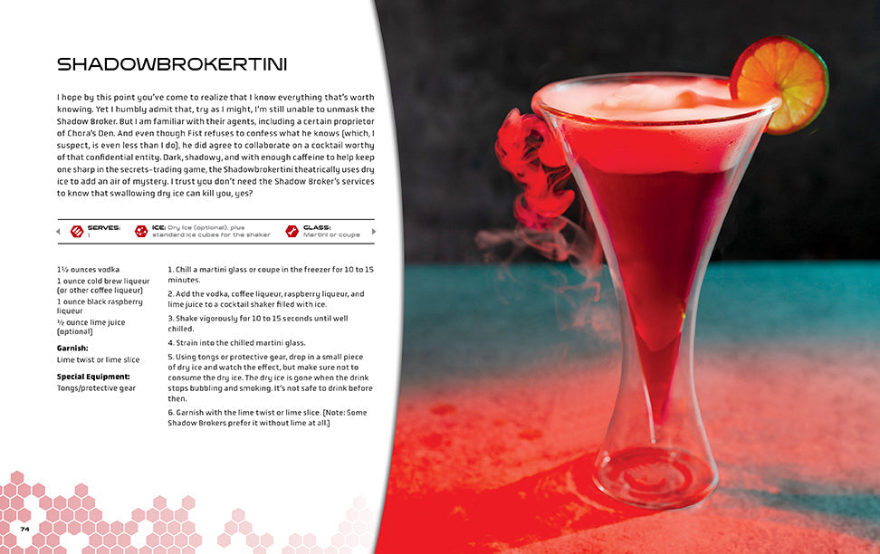 Hardcover of Mass Effect: The Official Cocktail Book by Insight Editions, featuring game-inspired cocktail recipe pages.