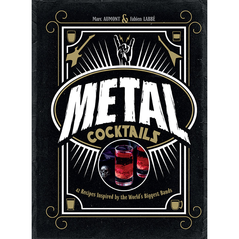 Hardcover book titled "Metal Cocktails" by Insight Editions featuring metallic-themed cocktail recipes and drink presentation images.