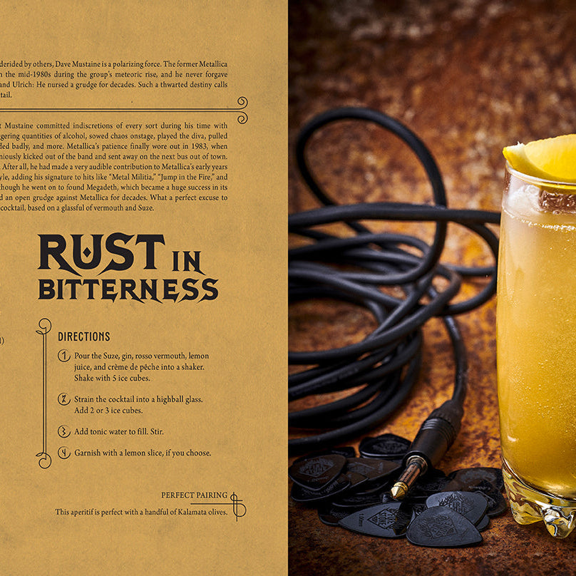 Hardcover book titled "Metal Cocktails" by Insight Editions, featuring metallic-themed cocktail recipes and illustrations.