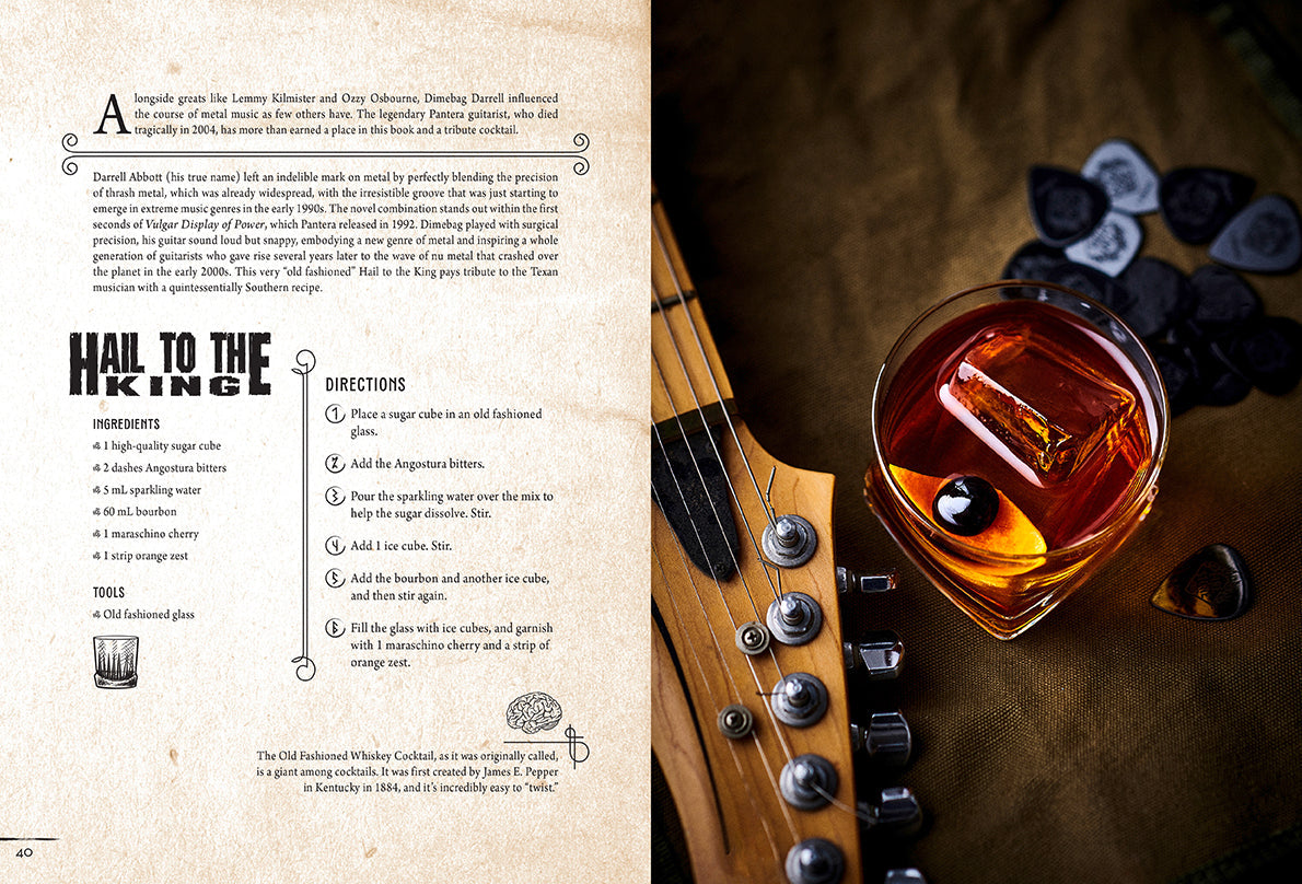 Hardcover book titled "Metal Cocktails" by Insight Editions featuring metallic-themed cocktail recipes and artwork.
