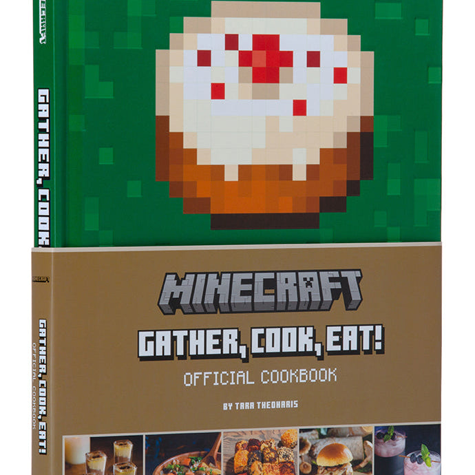 Hardcover Minecraft: Gather, Cook, Eat! Official Cookbook by Insight Editions showing colorful Minecraft-themed pages and recipes.