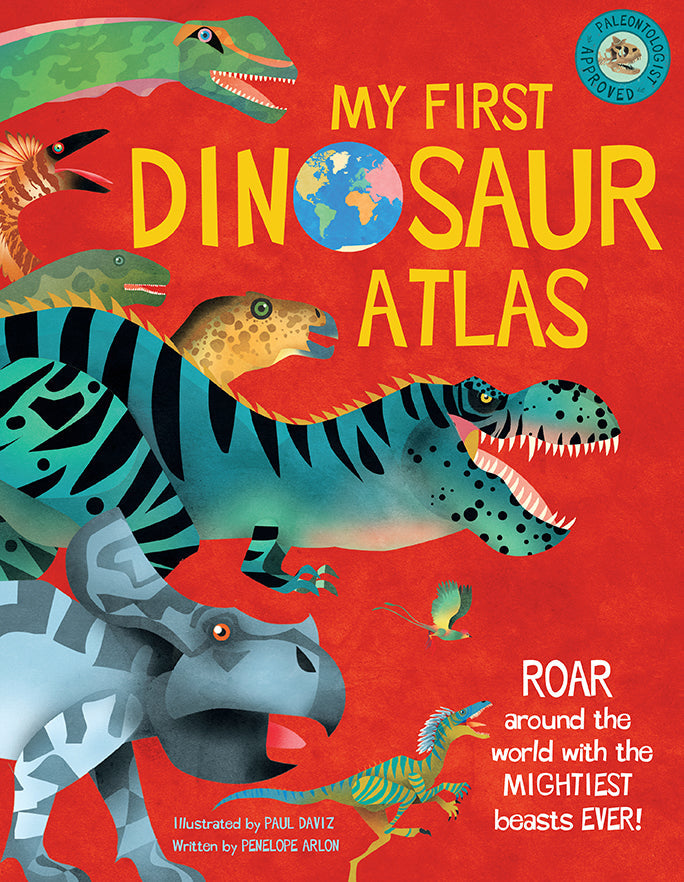 Hardcover My First Dinosaur Atlas by Insight Editions showing colorful dinosaur illustrations and detailed maps inside
