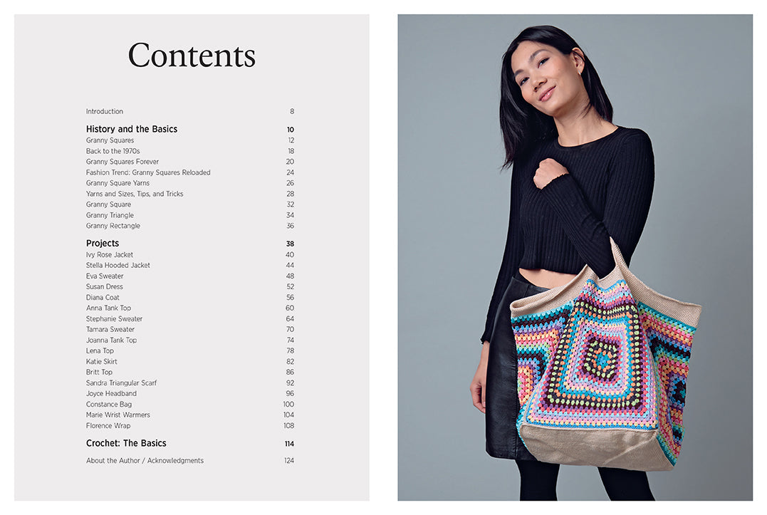Hardcover book titled "Not Your Granny's Granny Squares" by Insight Editions with colorful crochet pattern cover.