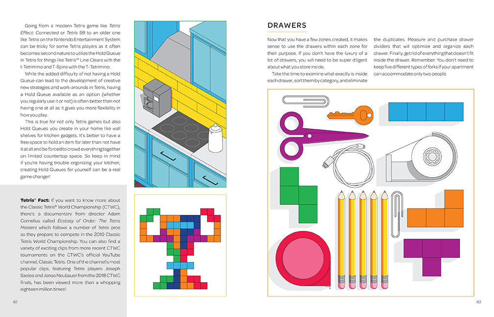 Hardcover book titled "Organizing with Tetris" by Insight Editions, featuring colorful Tetris-inspired cover design.