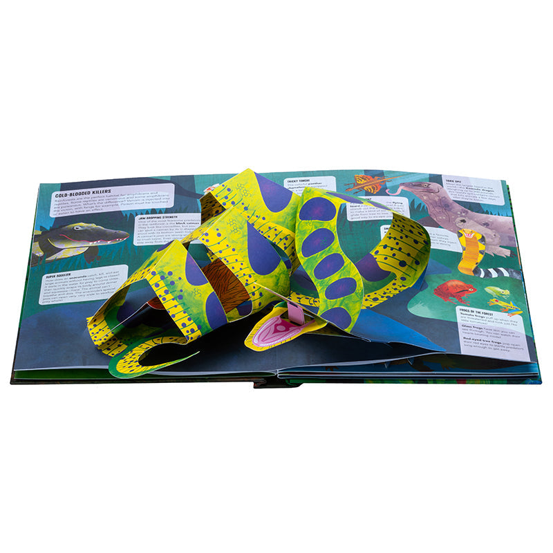 Hardcover Paws Claws and Snapping Jaws pop-up book by Insight Editions showing colorful animal illustrations and intricate paper pop-ups.