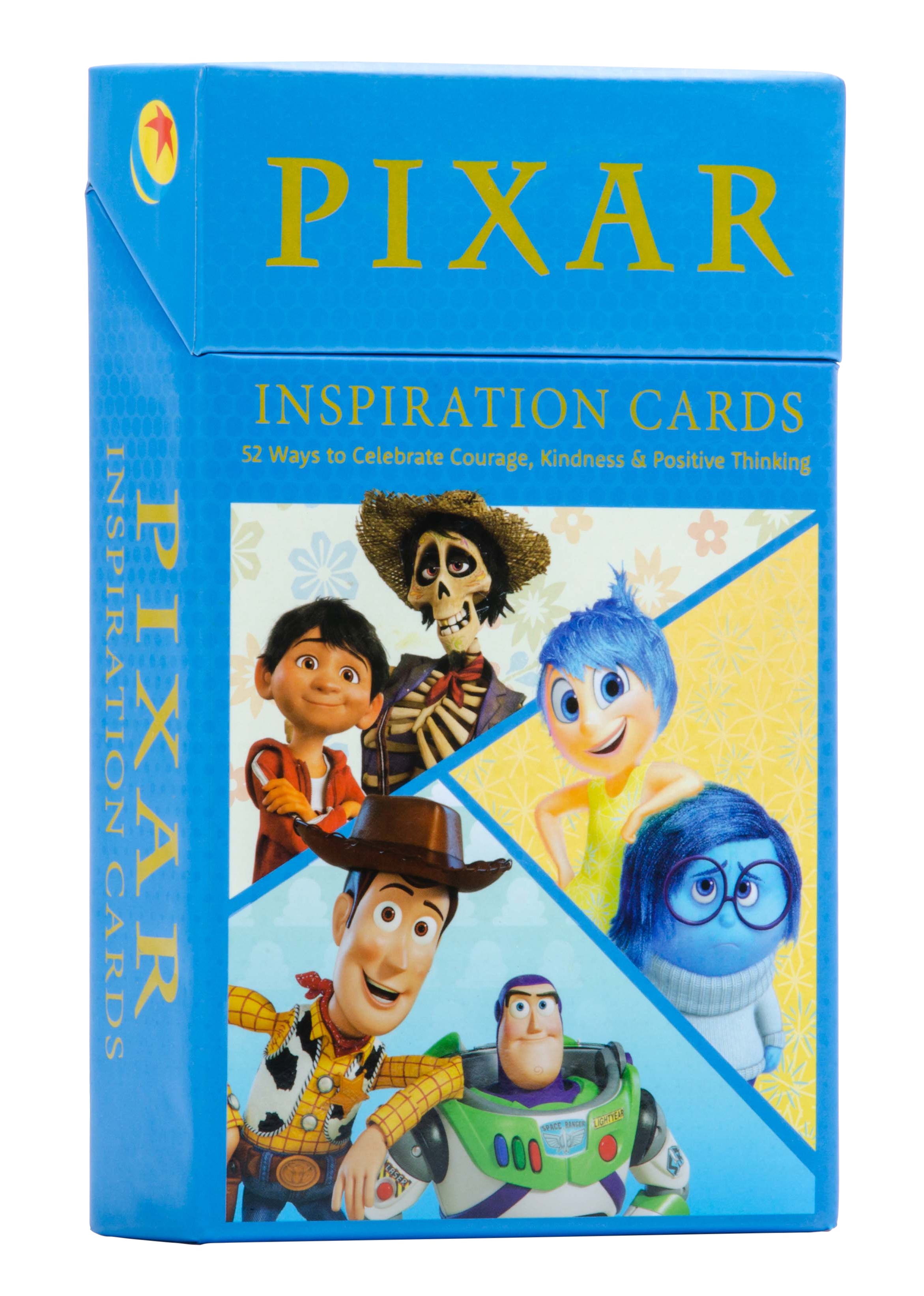Hardcover Pixar Inspiration Cards by Insight Editions featuring colorful illustrated cards with inspiring Pixar quotes and artwork.
