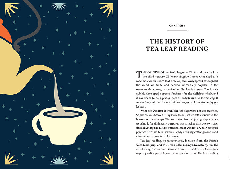 Hardcover book titled "Reading Tea Leaves" by Insight Editions, featuring a decorative cover with tea leaf illustrations.